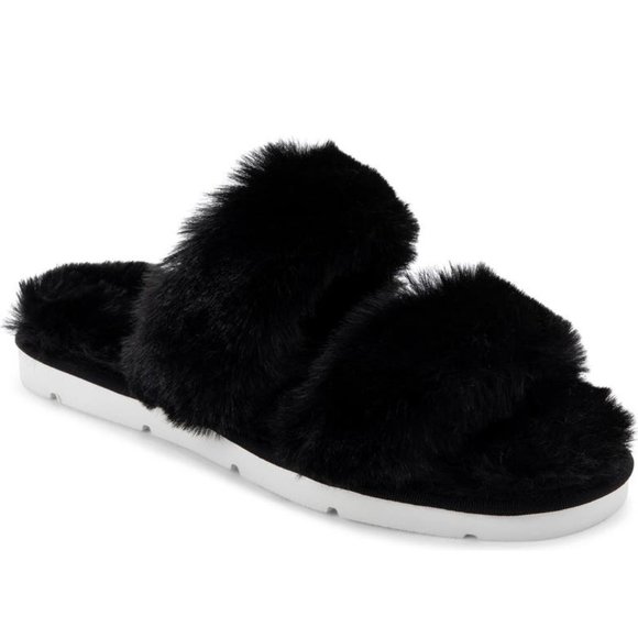 NEW Dolce Vita Women Puff Black Faux Fur Two Strap Slide Sandal Slippers - Picture 1 of 9